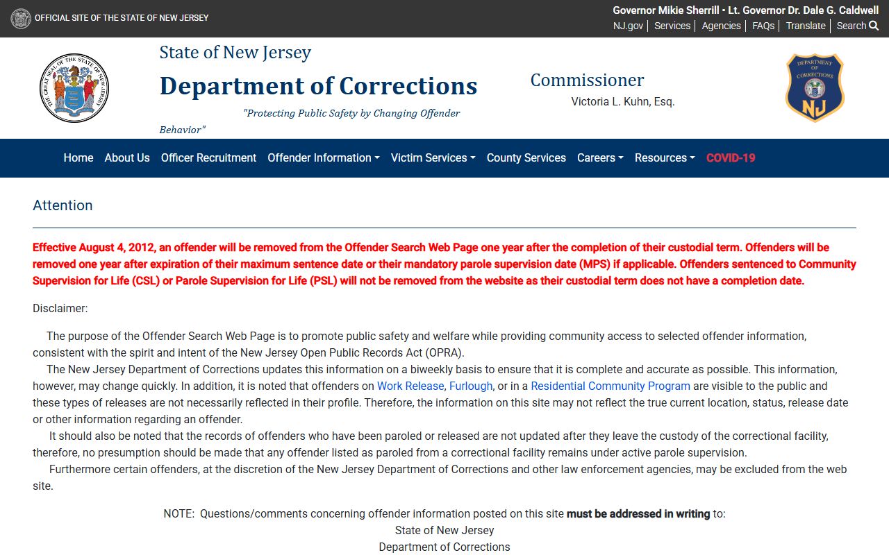 Edna Mahan Correctional Facility NJDOC inmate lookup screen